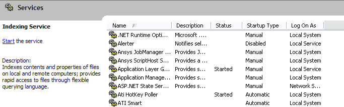 screenshot of the services_indexing service menu