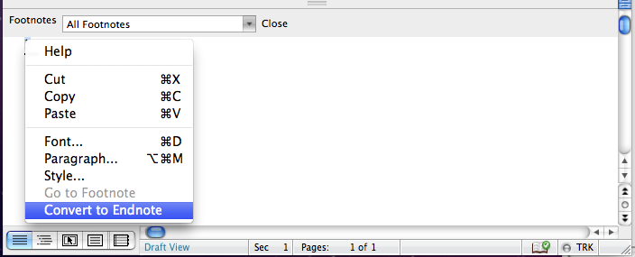 screenshot of converting to an endnote