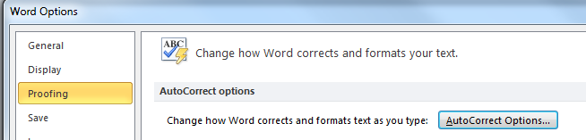 screenshot of autocorrect options command in the proofing section