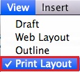 screesnhot of view drop menu with Print Layout highlighted