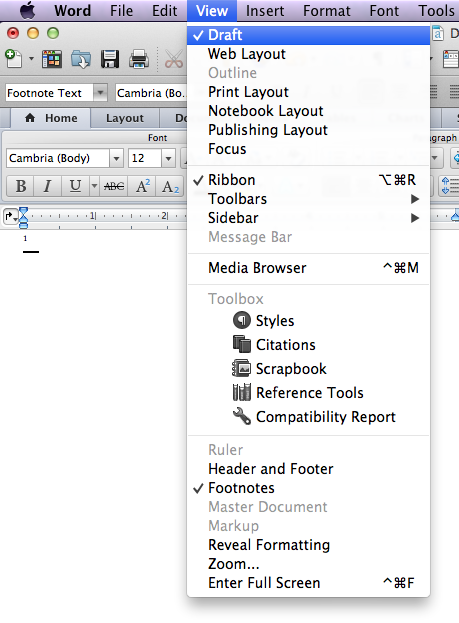 To Convert a Footnote to an Endnote: 1. Select View | Draft.