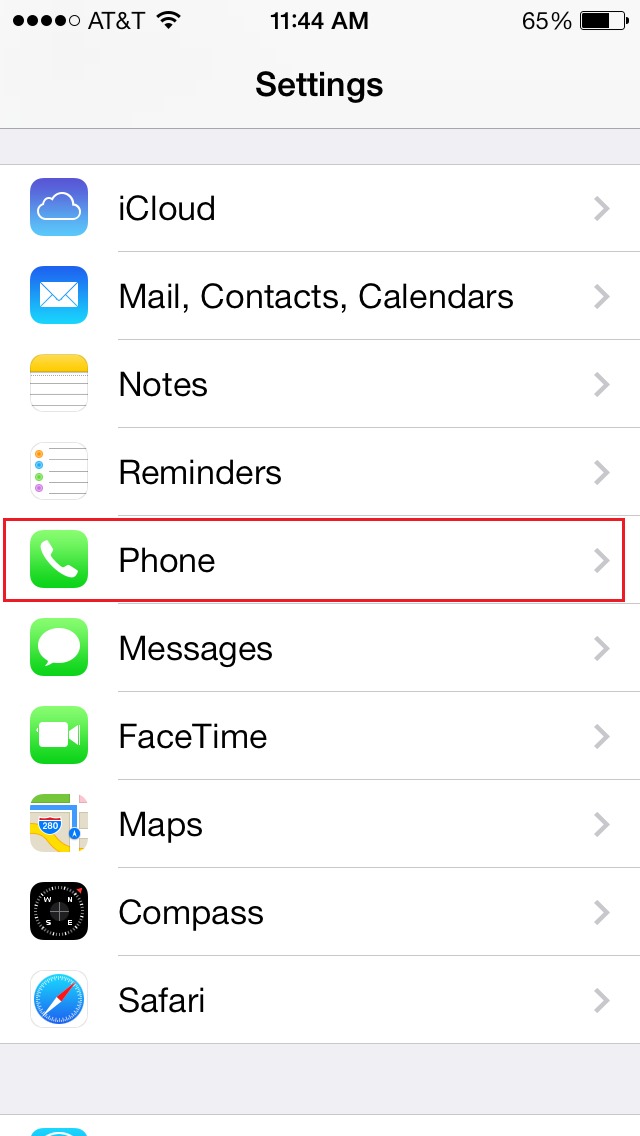 screenshot of iPhone: Phone settings highlighted