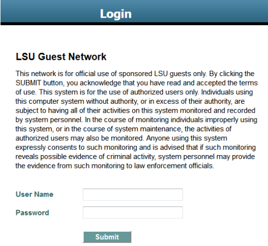 This shows the LSU Guest Network login window.
