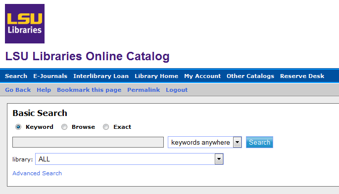 Screenshot Of LSU Libraries Catalog Search Window