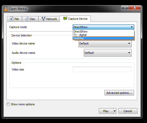 screenshot of changing to desktop capture mode