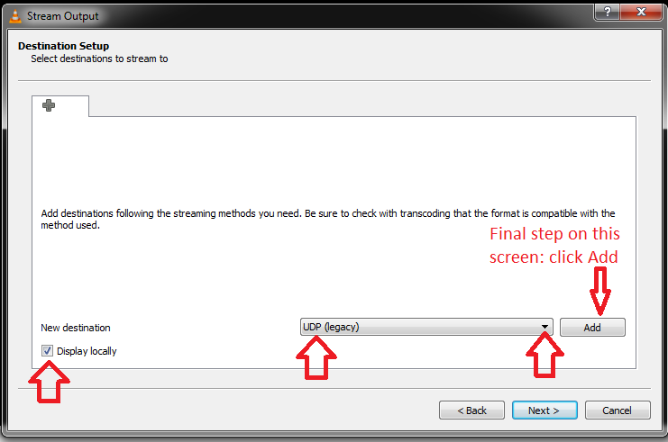 screenshot of activate transcoding, displaying locally, and UDP