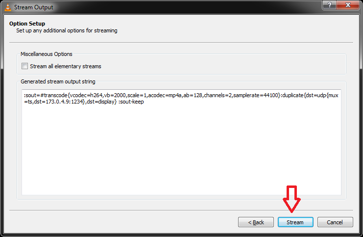 screenshot of stream output window