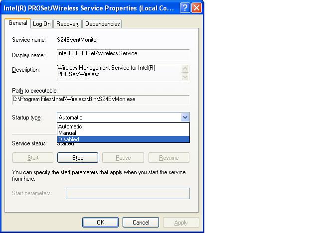 screenshot of the Intel(R) Wireless Service Properties menu