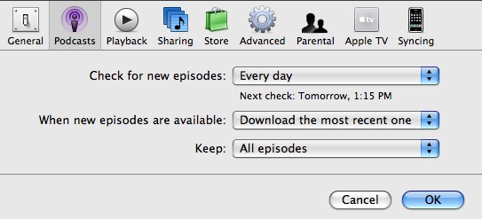 screenshot of podcasts tab
