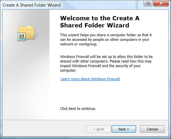 Create a shared folder wizard