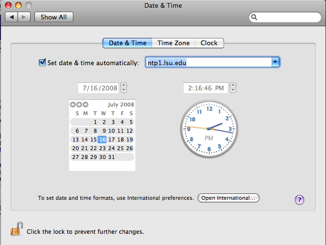 NTP server drop menu in date and time window.