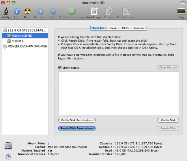 screenshot of the repair Disk Permissions button