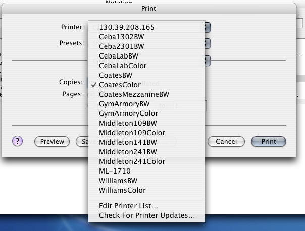 Lab printers installed on the Print window