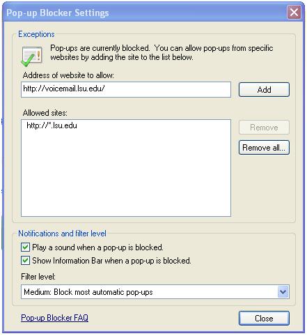 Pop up blocker settings window
