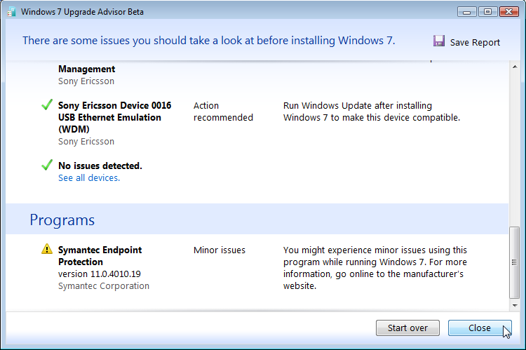 Windows 7 Upgrade Advisor window