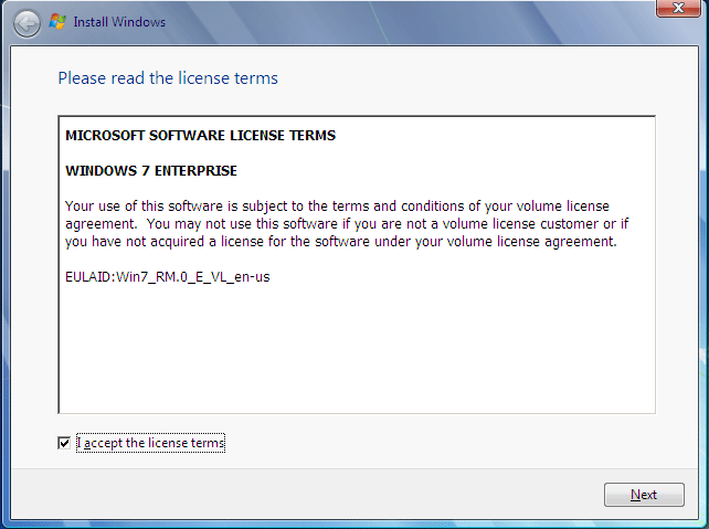 accepting license agreement window with next highlighted at the bottom of the screen.