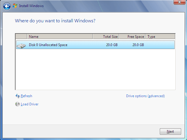 desired location of windows installation window with next highlighted at the bottom left corner of the screen