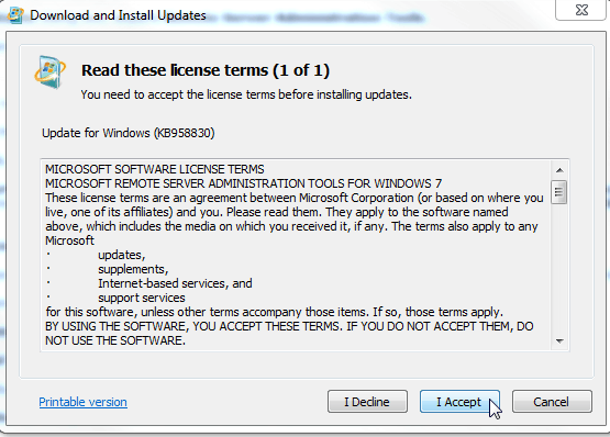License terms screen and the I accept button.