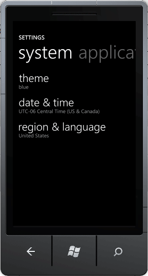 Windows Phone Settings System menu