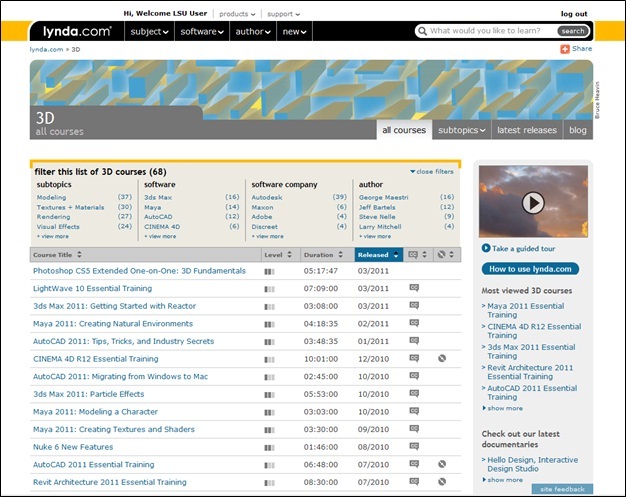 Navigating the Lynda website by subject