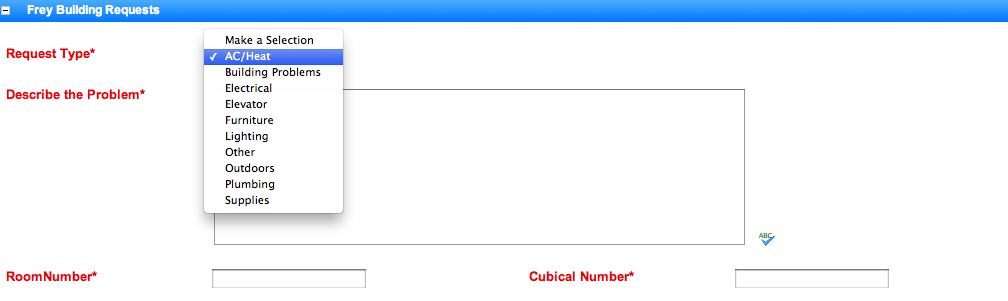 Frey Building Request Type drop down