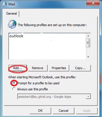 General Mail settings window. There are mail profiles listed in a white box, but there is only one profile there, named outlook. Underneath the white box, there are four buttons called Add, Remove, Properties, and Copy. The Add button is highlighted.