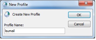 Outlook New Profile window. There is a small text box at the bottom left of the window asking you to enter a Profile name. On the right of the window, there are two buttons, OK and Cancel. OK is on top, and cancel is below it.