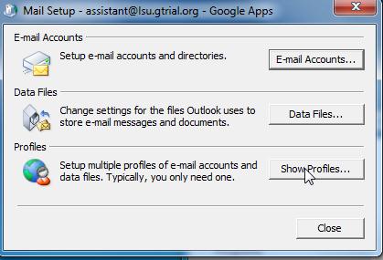 Mail Assistant window. There are three sections called Email Accounts, Data Files, and Profiles. In the Profiles section, there is a Show Profiles button. The cursor is over this button.