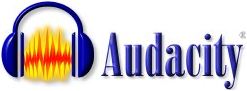 Audacity Logo. The logo is a headset with a yellow and red sound wave between the ear pieces, with the word Audacity next to it on the right.