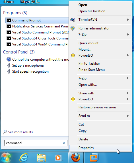 Properties option in Command Prompt dropdown menu