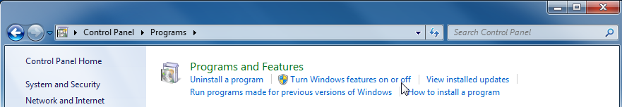 Turn Windows features on or off option.