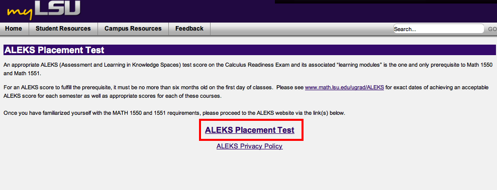 ALEKS placement test information page