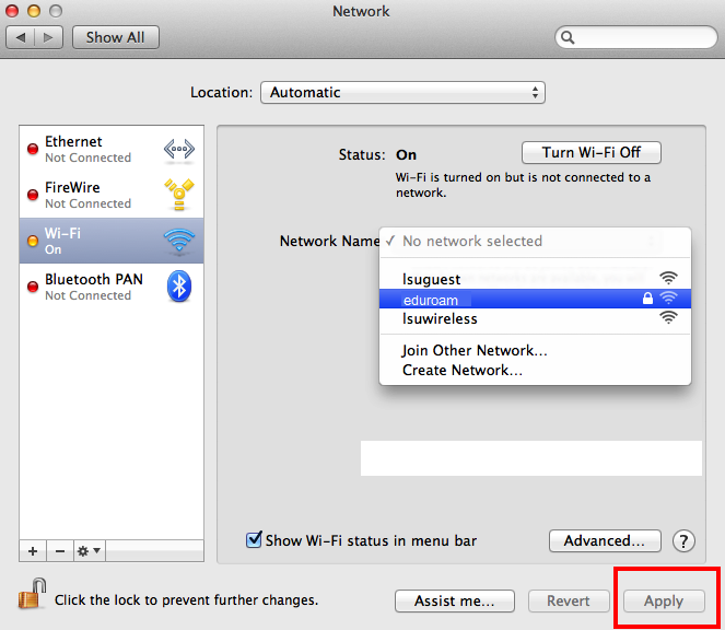 Choosing eduroam from the list of networks
