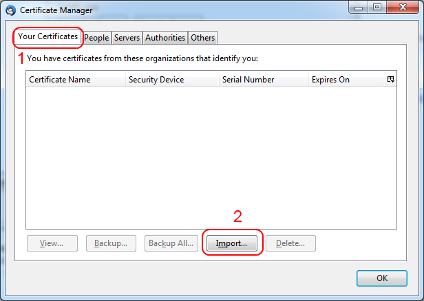 the Your Certificates tab with Import highlighted at the bottom of the window.