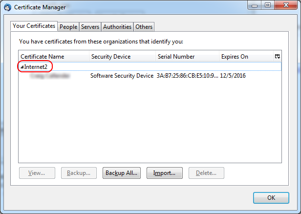 Certificate Manager window with Internet2 highlighted and OK button at the bottom right
