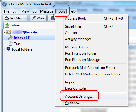 Tools menu with Account Settings option highlighted at the top of the screen in Thunderbird