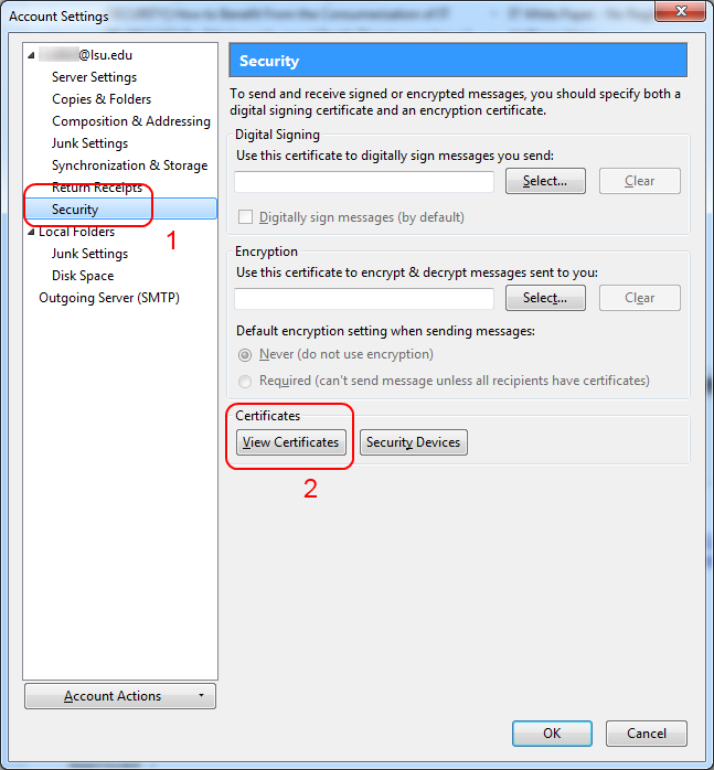 Account Settings; Security | View Certificates highlighted on the bottom of the window