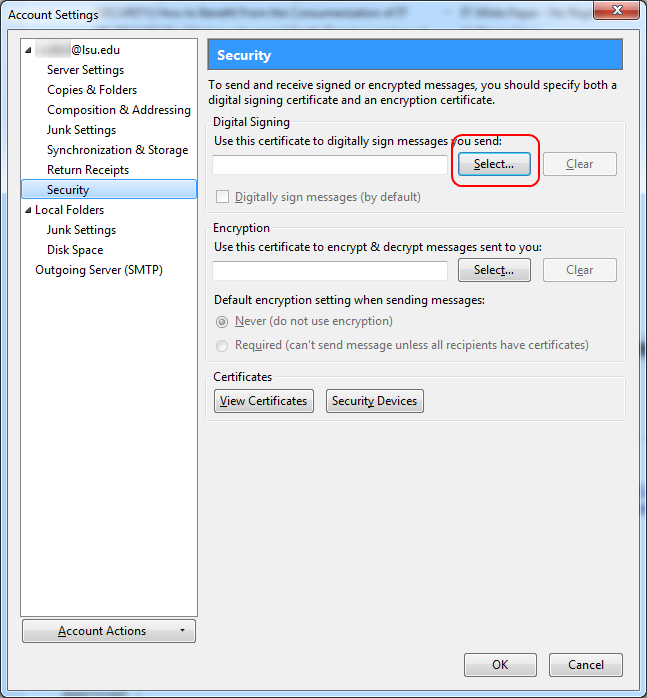 Account Settings, Security section: Select highlighted