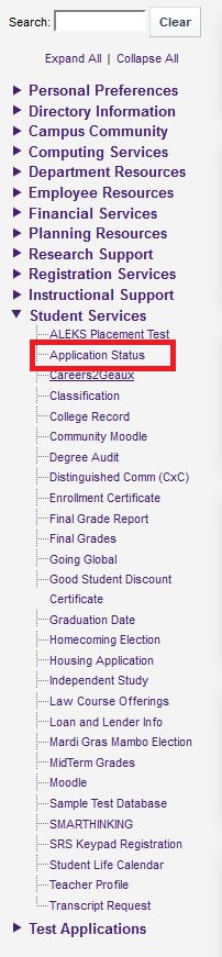 Application Status link
