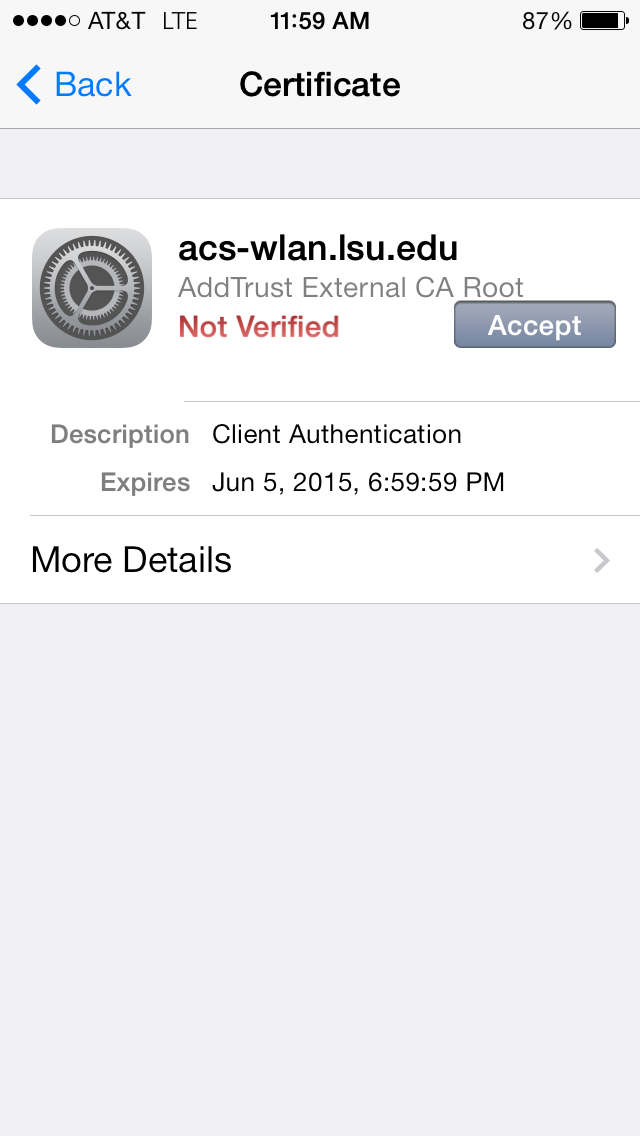 Accept option for the insecure certificate identified