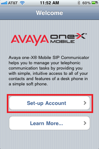 Avaya one-X, select Set-up Account