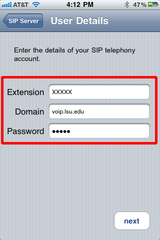 Avaya one-X, enter credentials