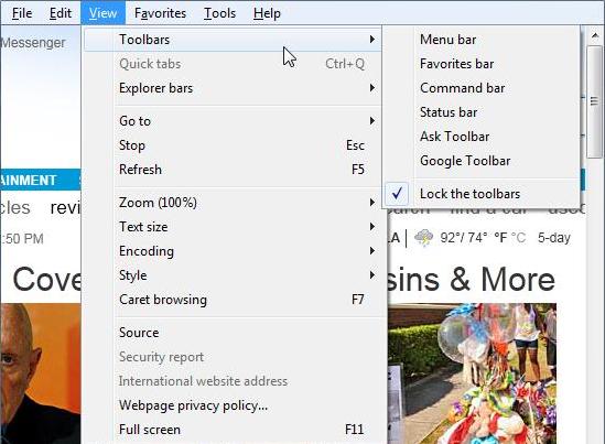 toolbars command on the view drop-down menu
