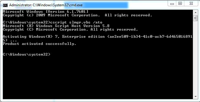 screenshot of Command prompt with 'Product activated successfully' highlighted.