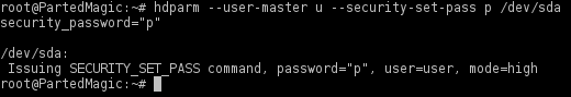 typing DOS PROMPT. Issuing SECURITY_SET_PASS command, password="p", user=user, mode=high.