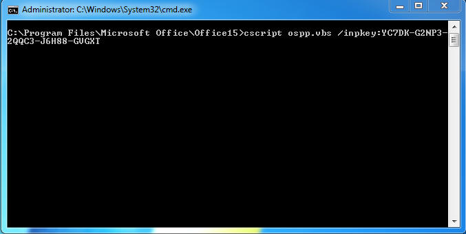 "cscript ospp.vbs /inpkey:YC7DK-G2NP3-2QQC3-J6H88-GVGXT" entered in command prompt