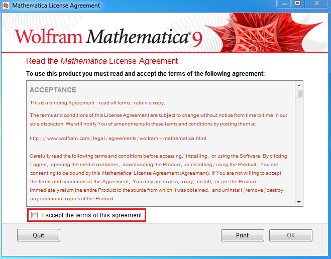 License agreement page with "I accept to the terms of agreement" highlighted.