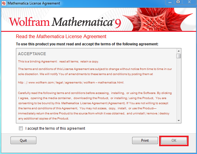 license agreement screen with "OK" highlighted in the bottom right-hand corner of the screen.
