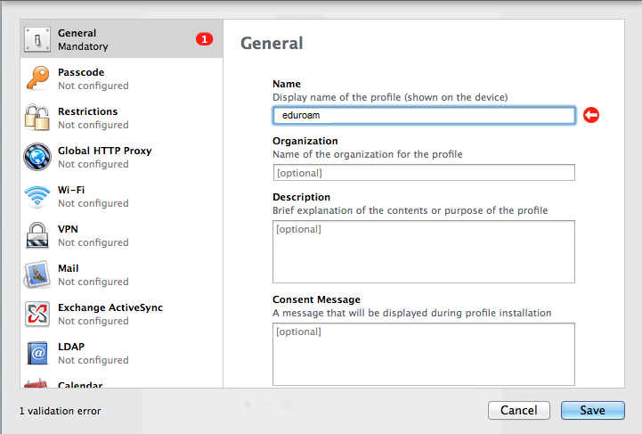 Apple Configurator indicating to enter a display name