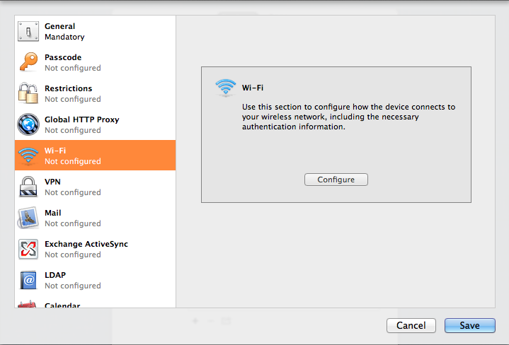 Apple Configurator showing the Wi-Fi tab